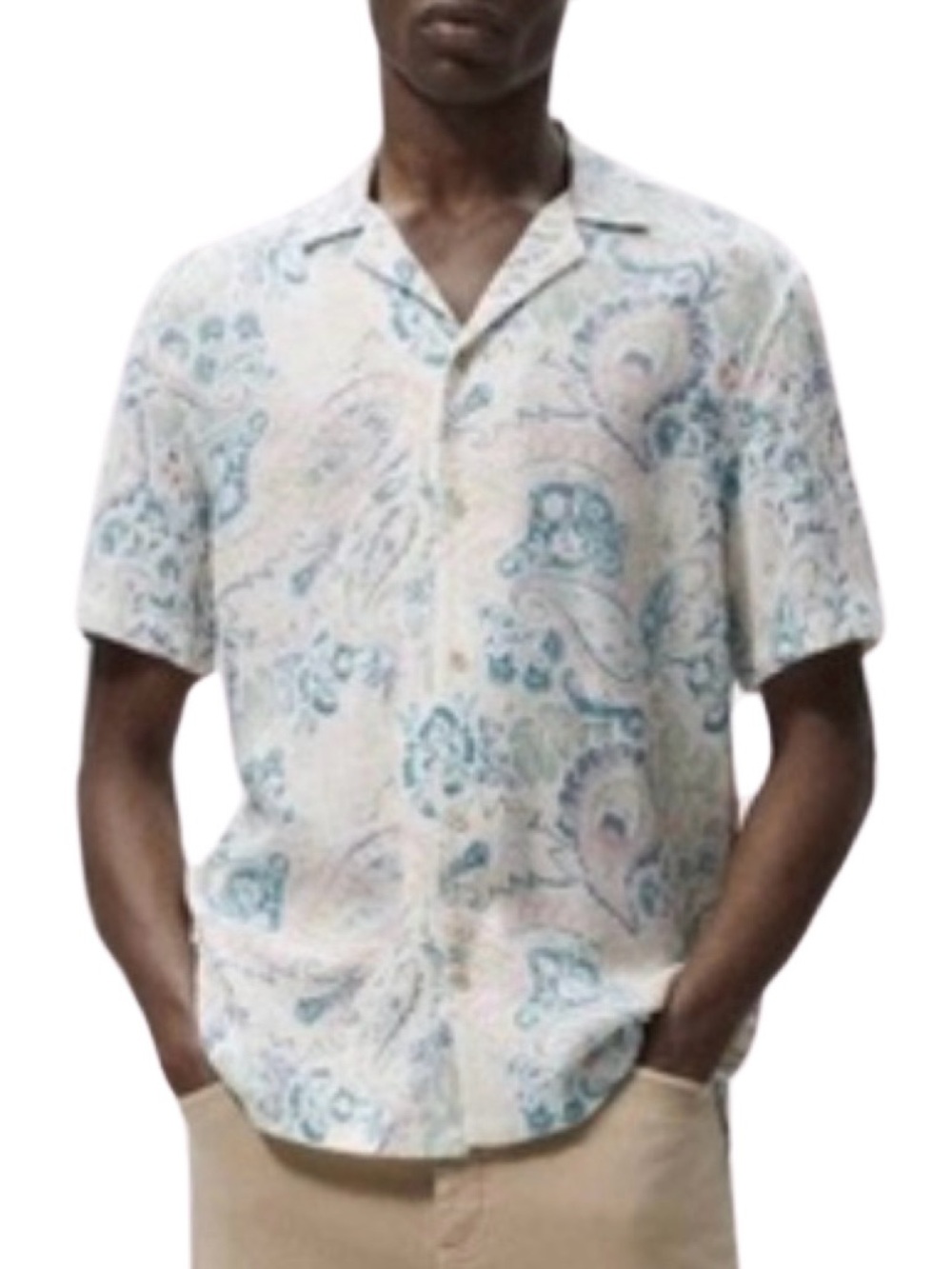Zara Paisley Short Sleeve Camp Shirt Relaxed Fit - L - Cream, Blue, Pink